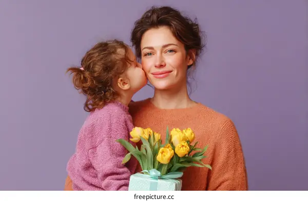 Mother and Daughter Kissing with Flowers