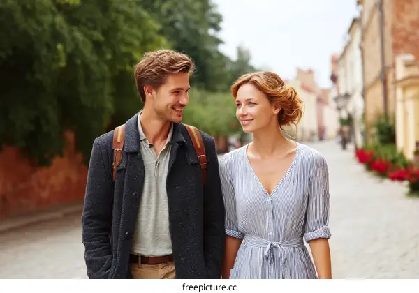 Young couple walking hand in hand along a cobblestone street