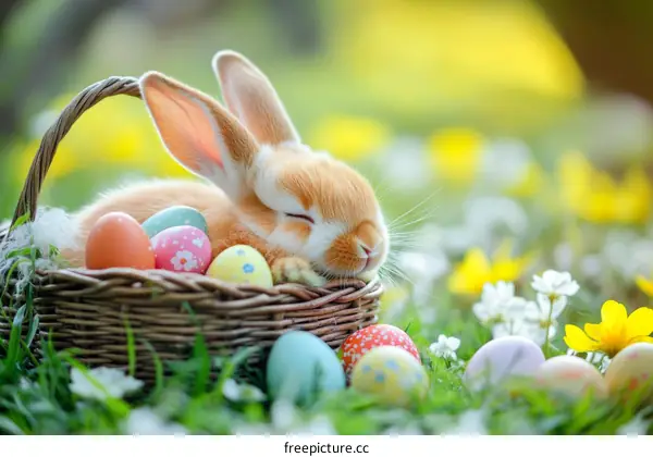 Adorable Baby Easter Bunny in a Basket with Eggs