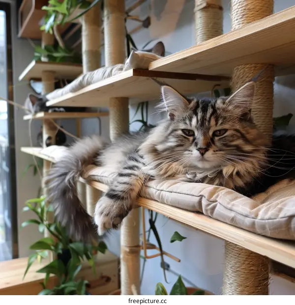 A ginger cat is lying on a wooden cat tree