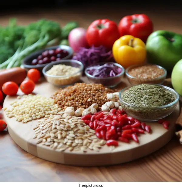 A variety of healthy food ingredients are arranged on a wooden table.