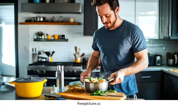 Man Cooking in Kitchen with Steam Coming Off Pot