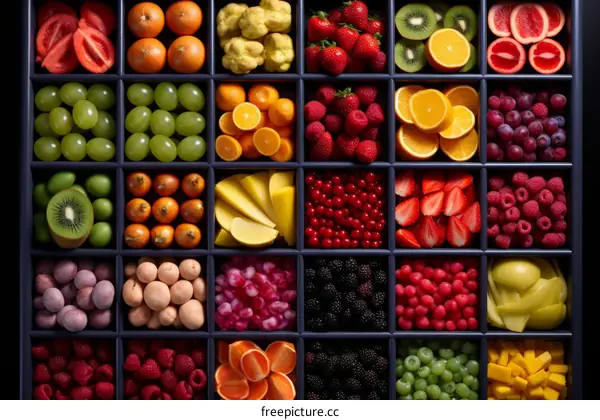 An assortment of fresh fruits and vegetables arranged in a grid