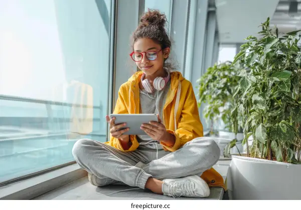 Young Girl on Windowsill with Tablet