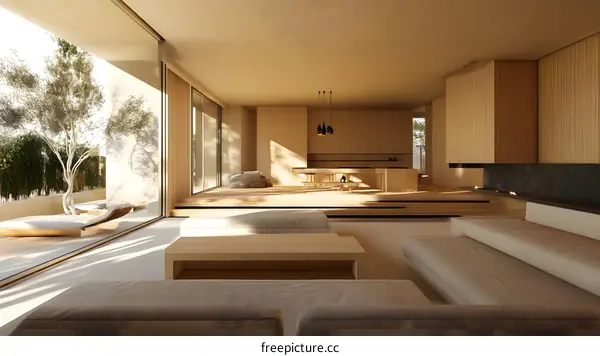 Modern Minimalist Living Room with Wooden Walls and Large Windows