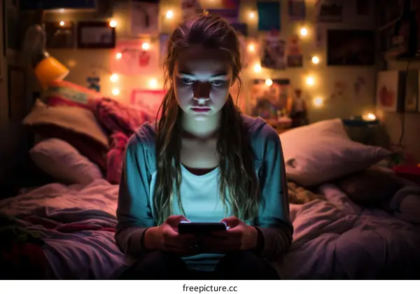 Teenage girl looking at her phone in the dark