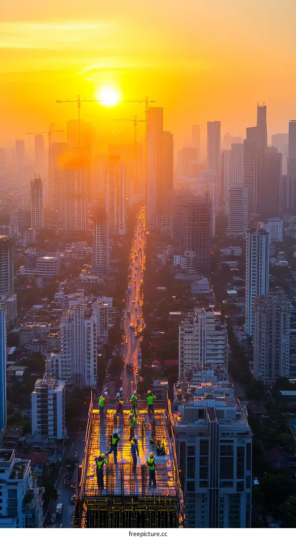 Sunrise over Construction Site in a City Skyline