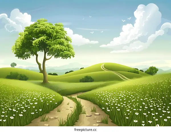 Green Meadow Landscape with Winding Path and White Flowers