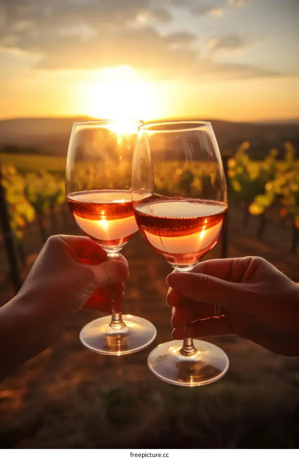 Two people toasting with wine glasses in a vineyard at sunset