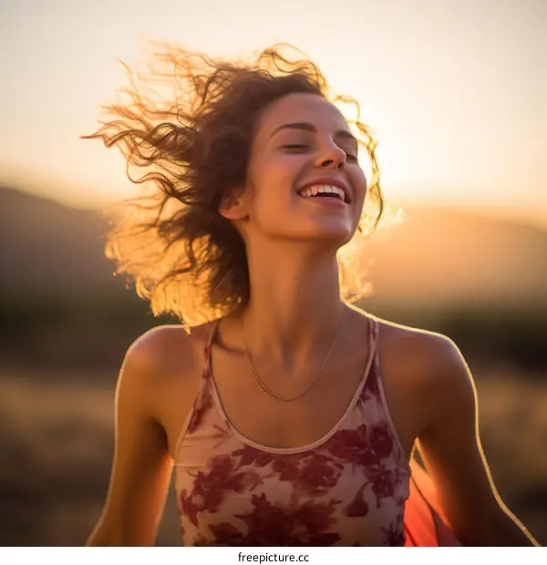 carefree young woman with curly hair smiling and enjoying the sunset