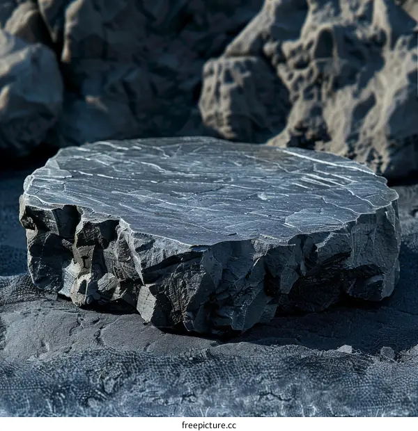 Black stone podium on dark background for product display