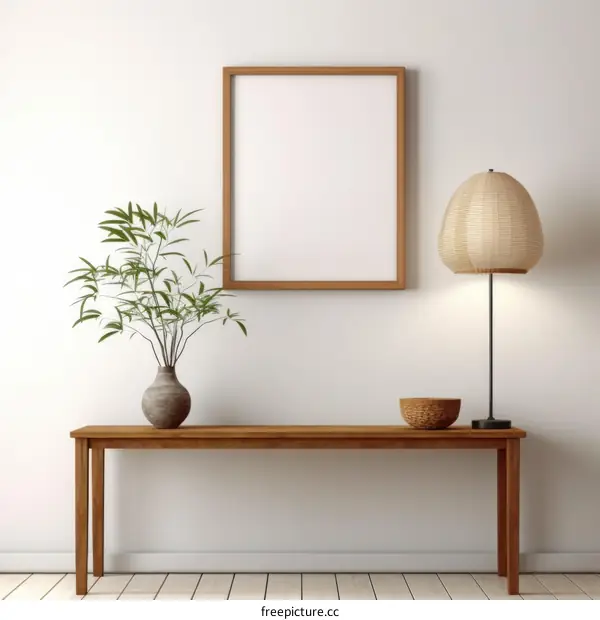 A wooden table with a vase of plants, a lamp, and a basket on it. There is a picture frame on the wall behind the table.