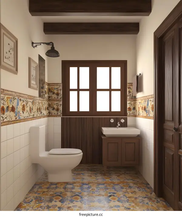 Modern Bathroom Interior Design with Wooden Beams and Floral Tiles
