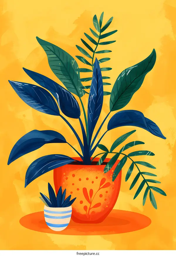 Colorful Potted Plant with Blue and Green Leaves on Yellow Background