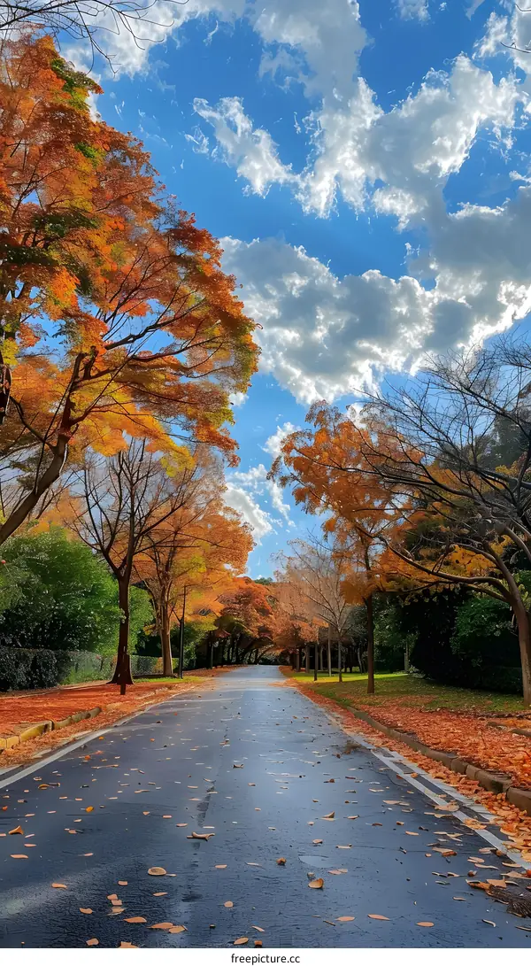 Autumn Road with Trees and Blue Sky