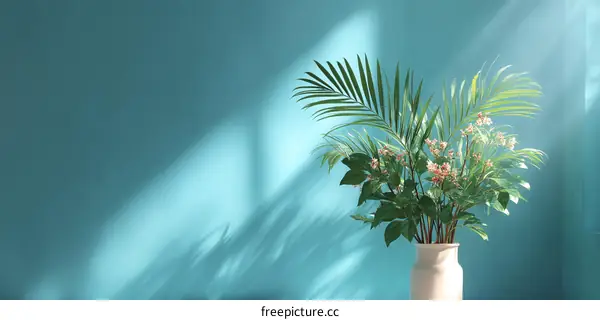 Tropical Plants in a Vase against a Teal Wall