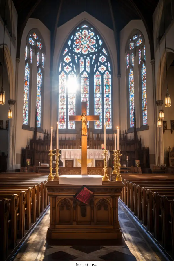 Stained Glass Windows Bathed in Sunlight in a Church