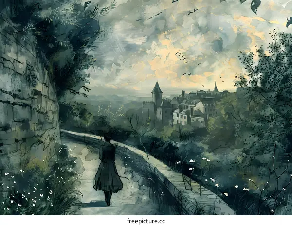 A lonely figure walks along a path in a dark forest