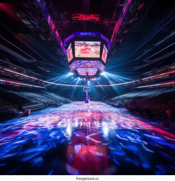 Empty Basketball Court with Colorful Lights