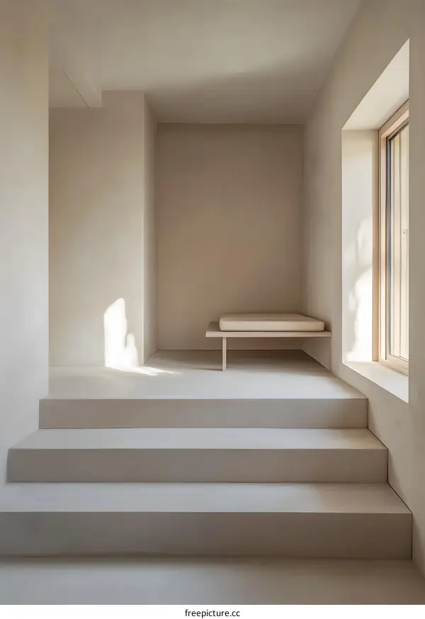 Minimalist Modern Interior Design with White Walls and Wooden Bench