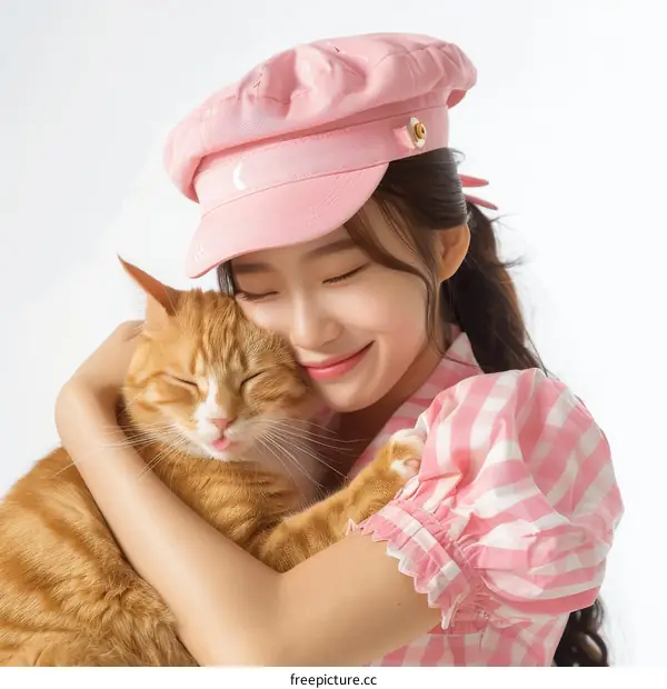 Asian woman hugging an orange cat