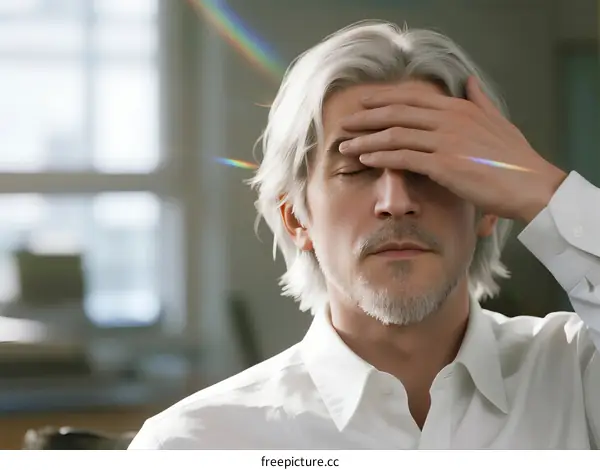 Mature man with hand on forehead showing tired expression