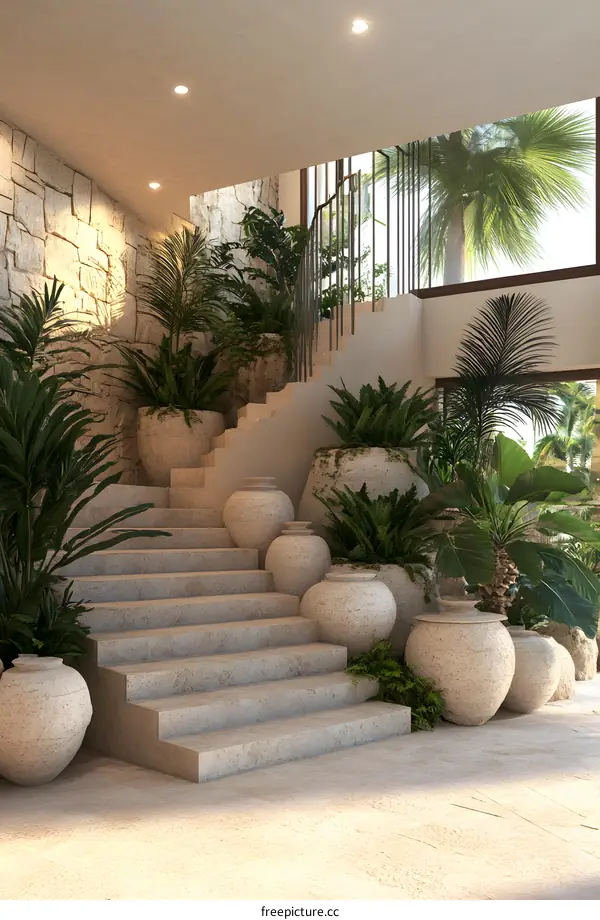 Stone Stairs With Lush Greenery And Pots Interior Design