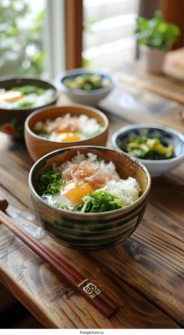 A delicious and healthy breakfast of rice, egg, seaweed, and green onion.