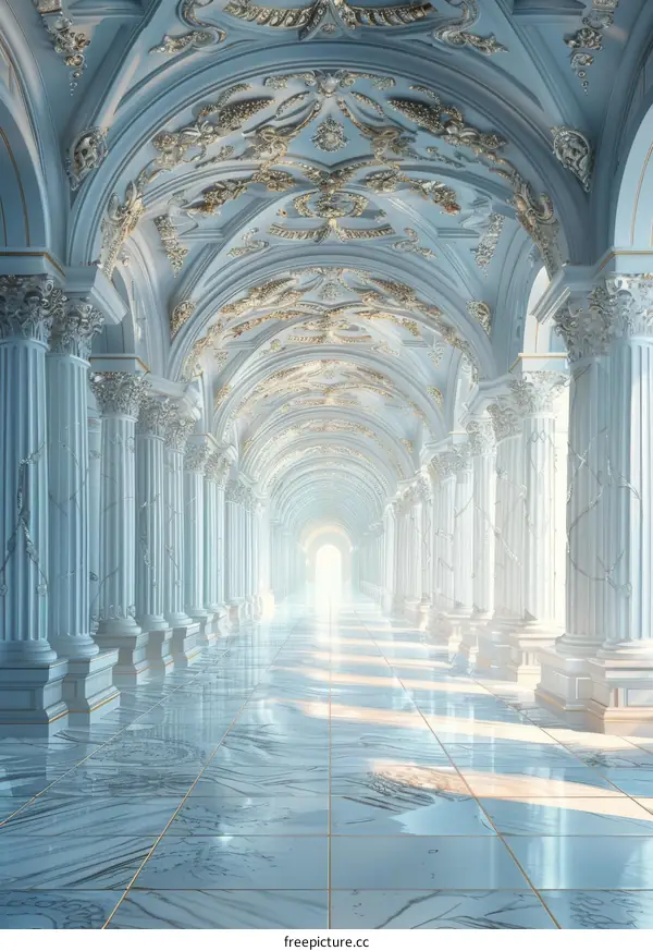 Ornate Hallway with Marble Floor and Columns