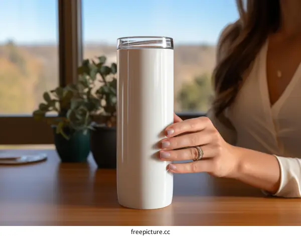 woman holding white coffee mug in front of window