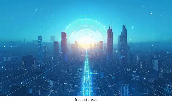 Blue and White Digital City Illustration