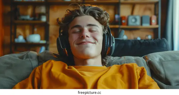Smiling teenage boy listening to music with headphones