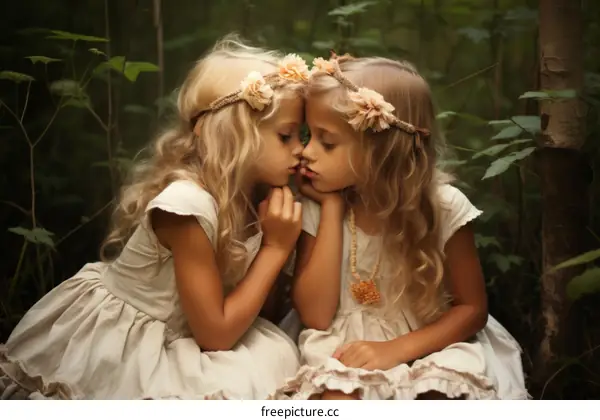 Two little girls with blonde hair wearing white dresses and flower headbands are sitting in a forest