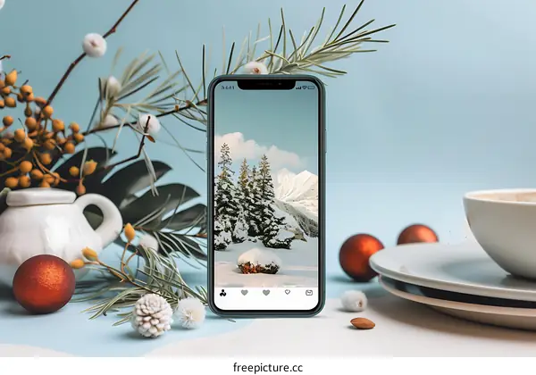 Winter Mountain Scene on Smartphone Screen with Christmas Decorations