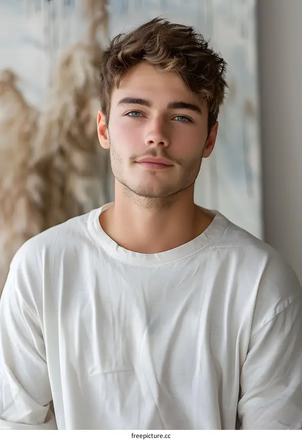 Portrait of a young man with blue eyes and brown hair