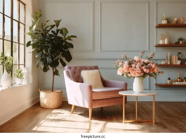 Elegant Living Room Interior with Lush Plants and Flowers