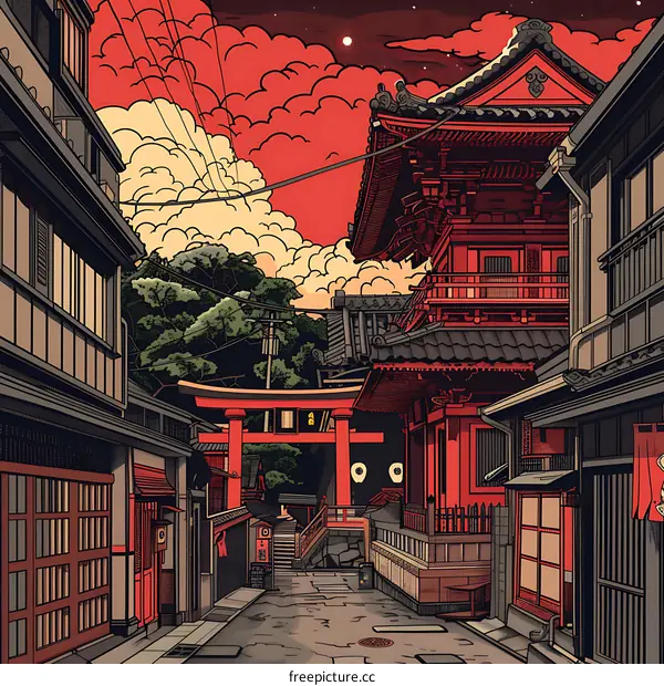 Traditional Japanese Architecture Illustration With Torii Gate