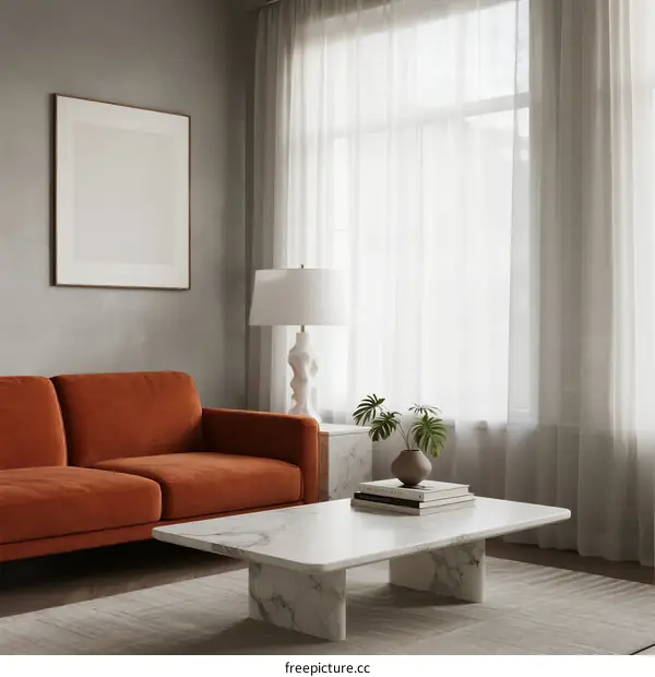 Modern Living Room with Orange Sofa and White Marble Coffee Table