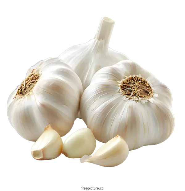 [Transparent Background PNG]Three garlic bulbs and three cloves of garlic on a white background