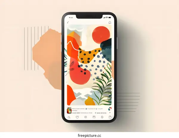 Abstract Art Phone Background with Green Leaves and Shapes