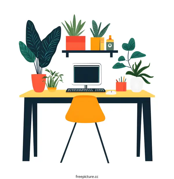 Modern Home Office Desk with Plants and Computer