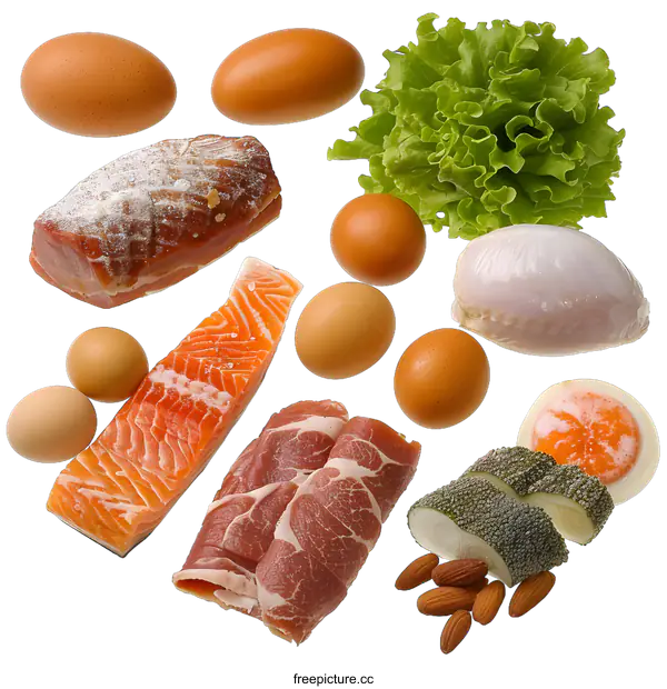 [Transparent Background PNG]Healthy Food Concept With Meat, Fish, Eggs, Lettuce And Almonds