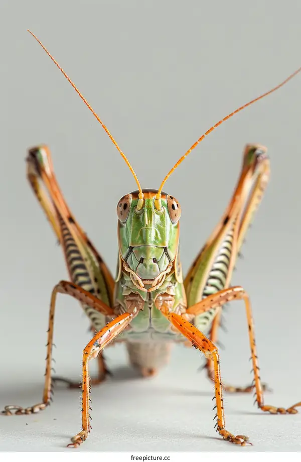 A green and orange katydid on a white background