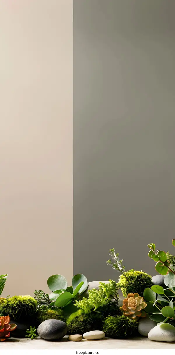 Green Greenery and Stones on Beige and Gray Background