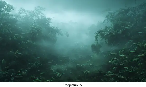 Gloomy jungle scene with lush vegetation