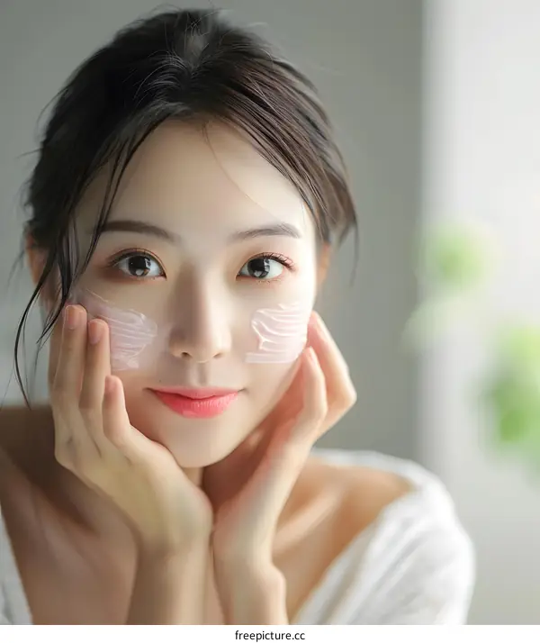 Young Asian Woman Applying Facial Cream