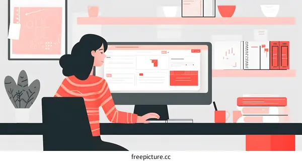 Woman Working On Computer In Office Illustration