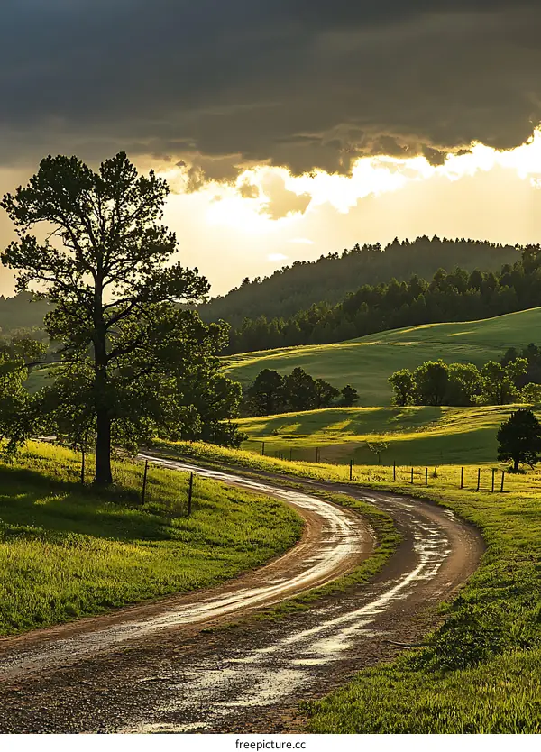 Country Road Winding Through Green Fields With Cloudy Sky
