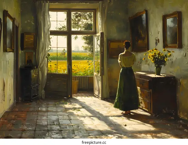 A woman standing in a sunlit room, looking out at a field of sunflowers.