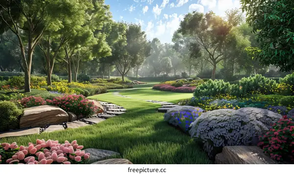 Sunlit Garden Pathway with Lush Greenery